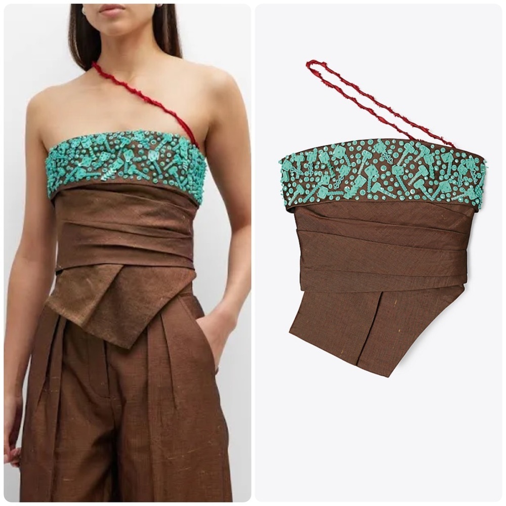 Tory Burch Lollipop Linen Beaded Strapless Bustier Top